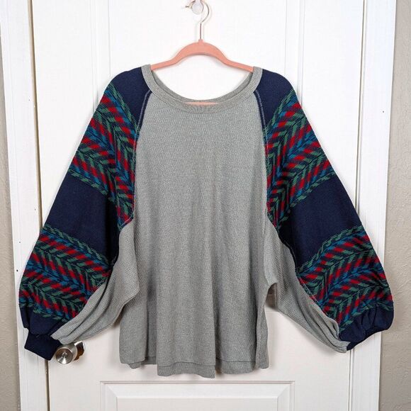 Free People Sweaters - We The Free | Gray Knit Sweater with Patterned Balloon Sleeves Size Medium
